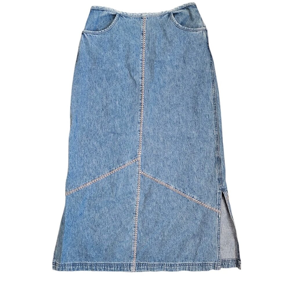 Y2K Womens Blue Jean Midi Skirt Denim Size 6 Thick Stitch Side Slit Boho Western